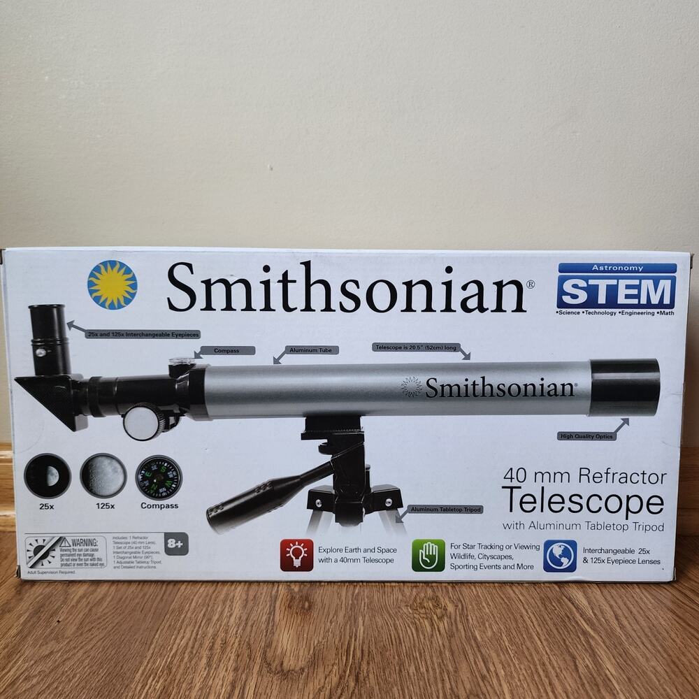 Smithsonian Telescope 40mm Refractor 25x & 125X Lenses Tripod STEM Space Birds